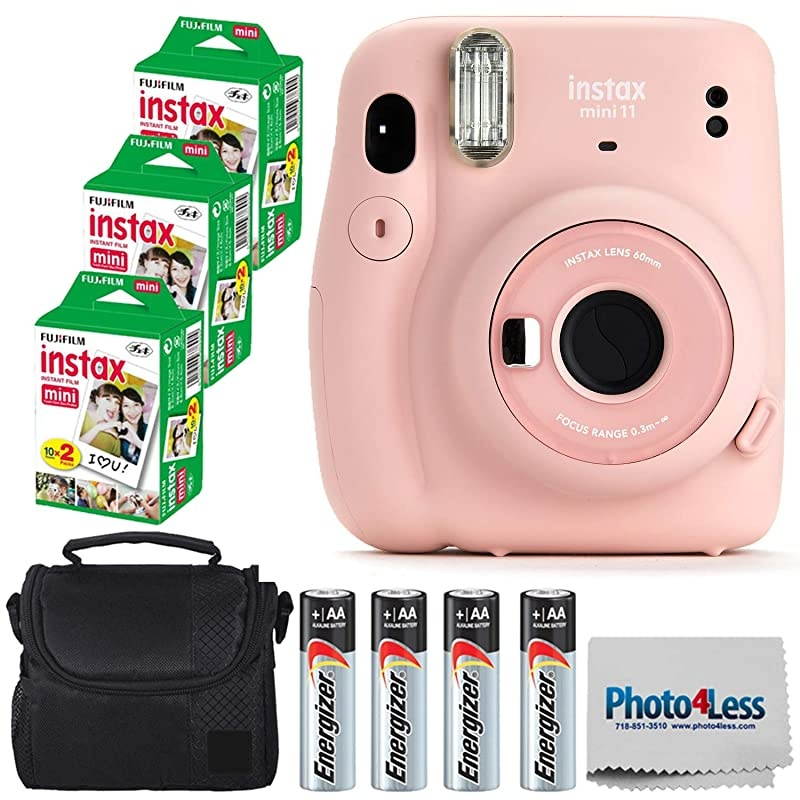 Instax Mini 11 Instant Camera Blush Pink 16654774 + 3 Packs Instax Mini Twin Pack Instant Film 16437396 + Batteries + Case + Cloth
