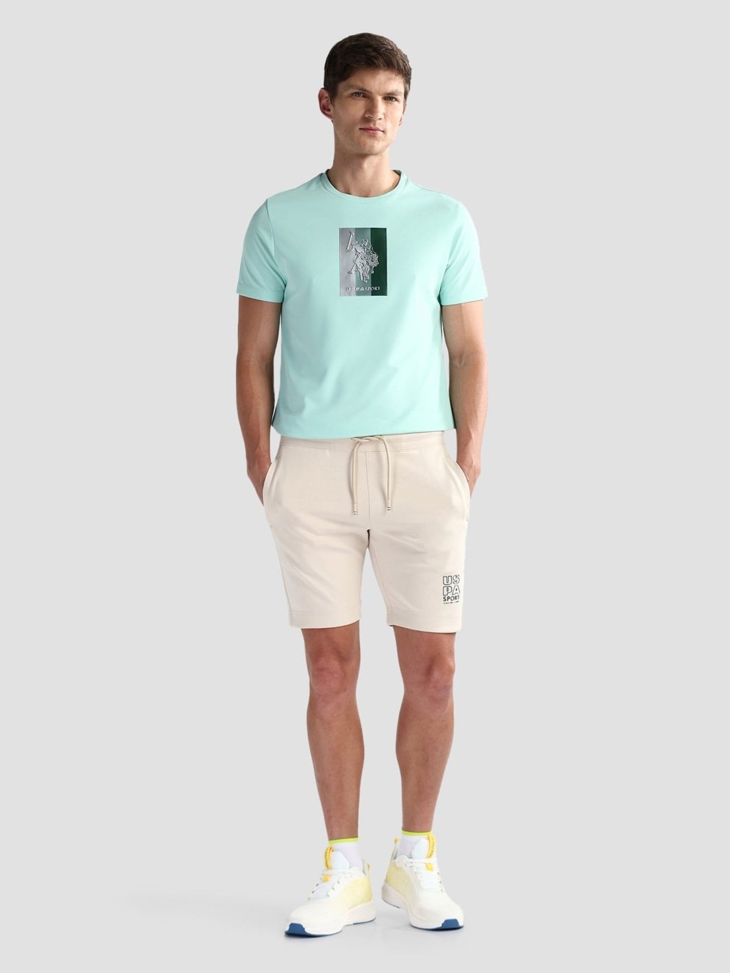 USPA Active Beige Slim Fit Logo Printed Sports Shorts