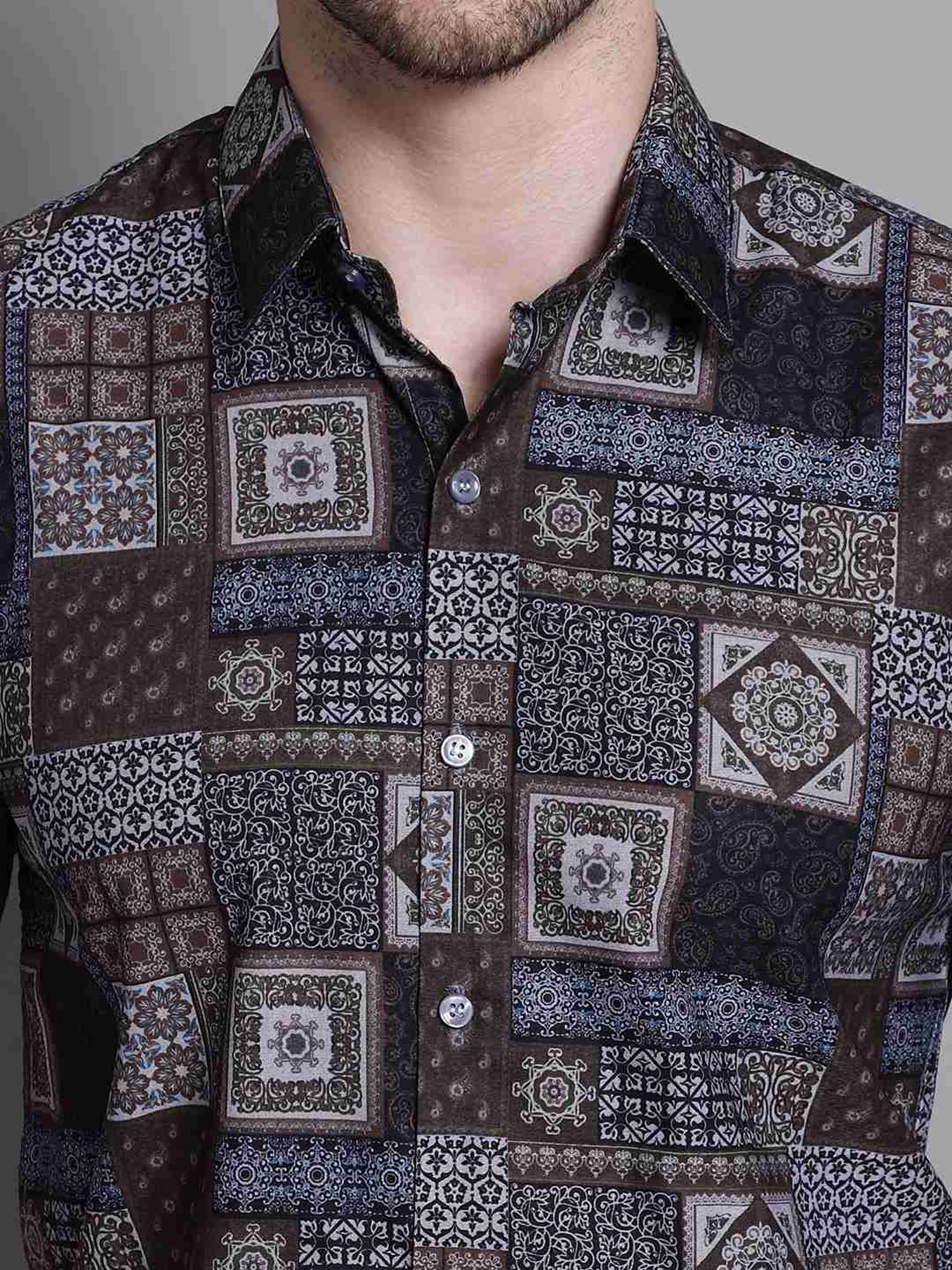 Jainish Coffee Cotton Regular Fit Printed Shirt