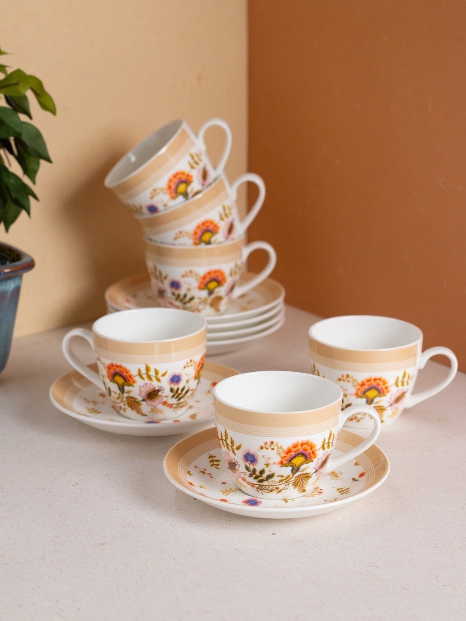 JCPL Fine Printed Beige Ceramic Cup & Saucer 180 ml - Set of 12