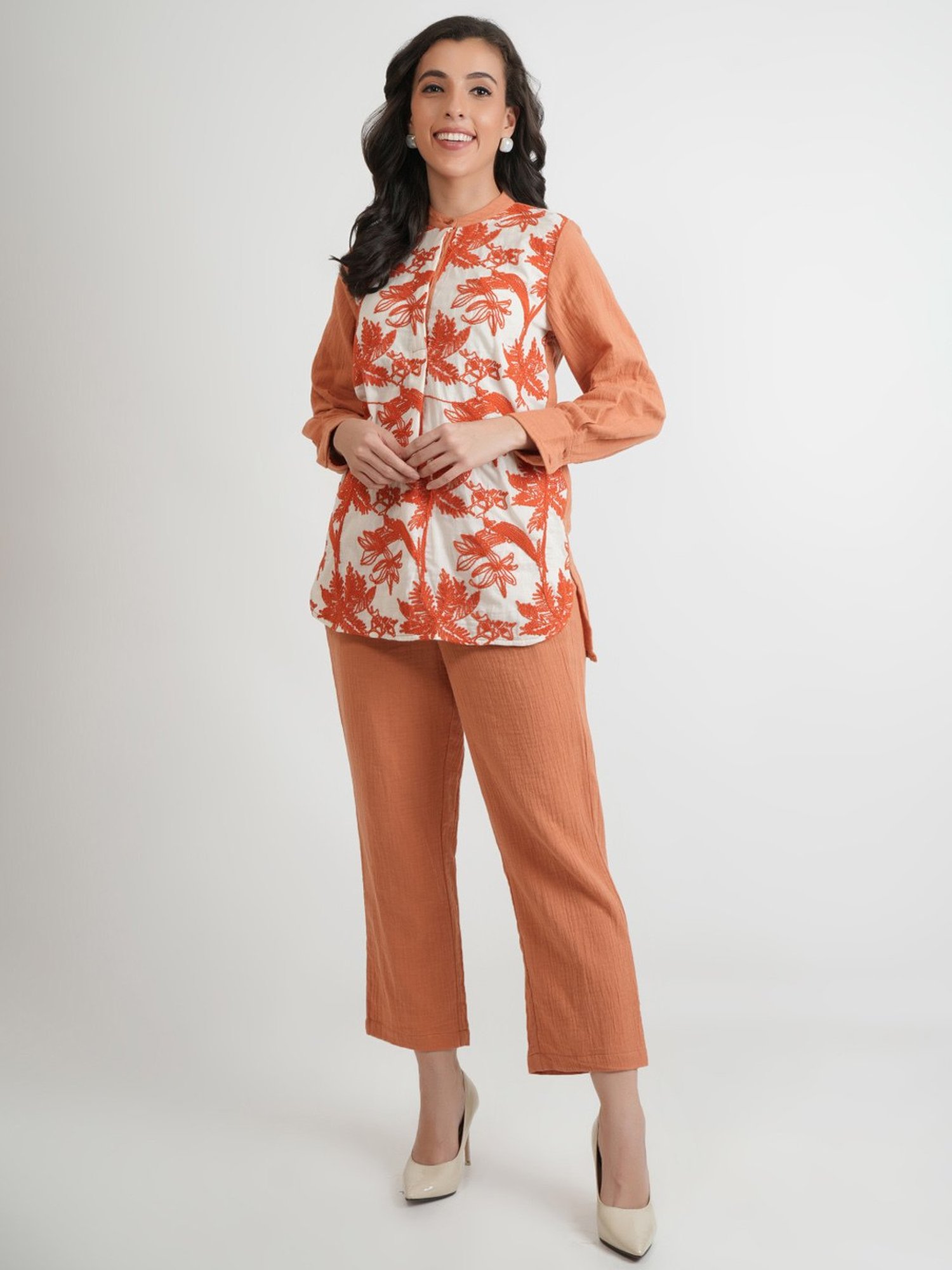 Zolo Label Brown Embroidered Top Pant Set