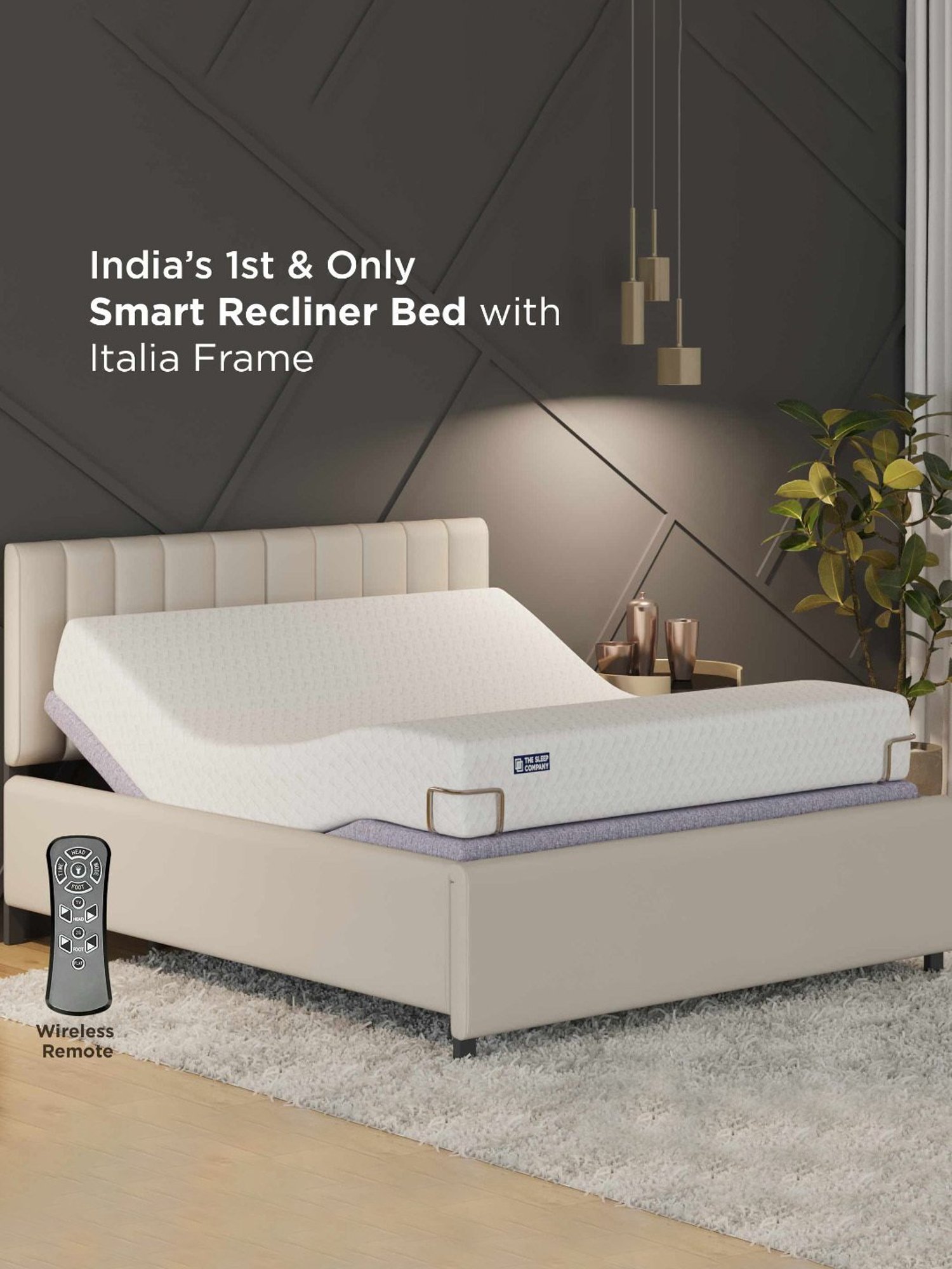 The Sleep Company Elev8 Italia Beige Smart Adjustable Queen Bed Frame with Ortho 8 inch Mattress