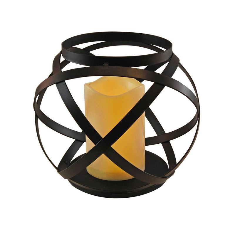 Large Banded Metal LED Lantern With Battery Operated Candle Black - LumaBase