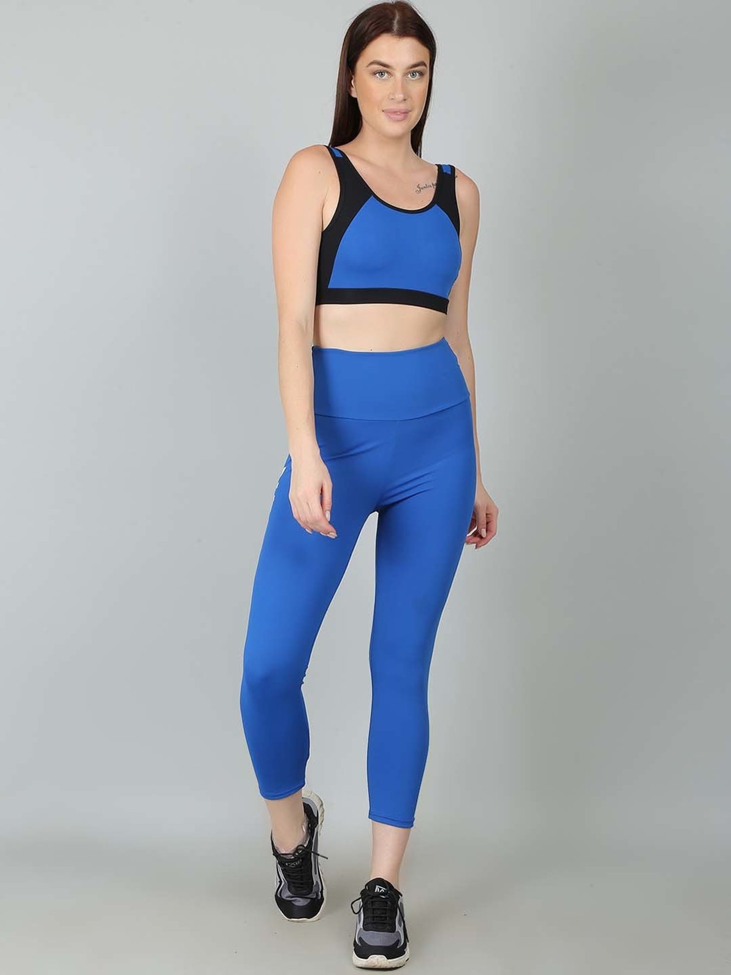 N-Gal Blue & Black Printed Sports Bra With Tights Set