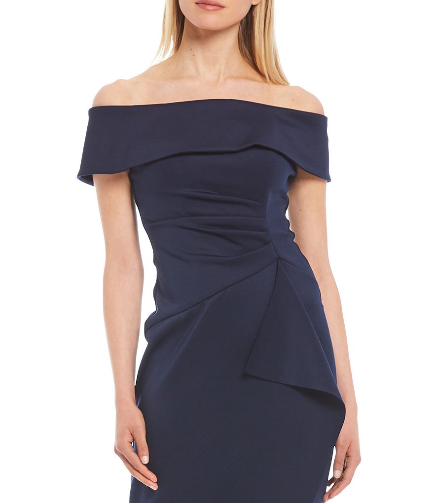 Xscape Off-the-Shoulder Scuba Crepe Ruffle Front Sheath Dress