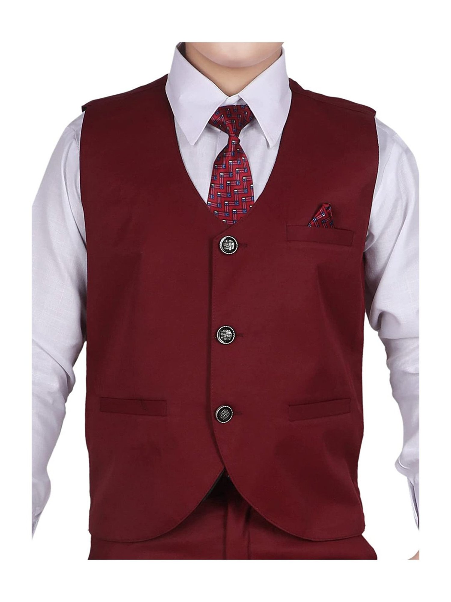 Pro-Ethic Style Developer Kids Maroon & White Solid Full Sleeves Shirt, Waistcoat, Pants with Tie