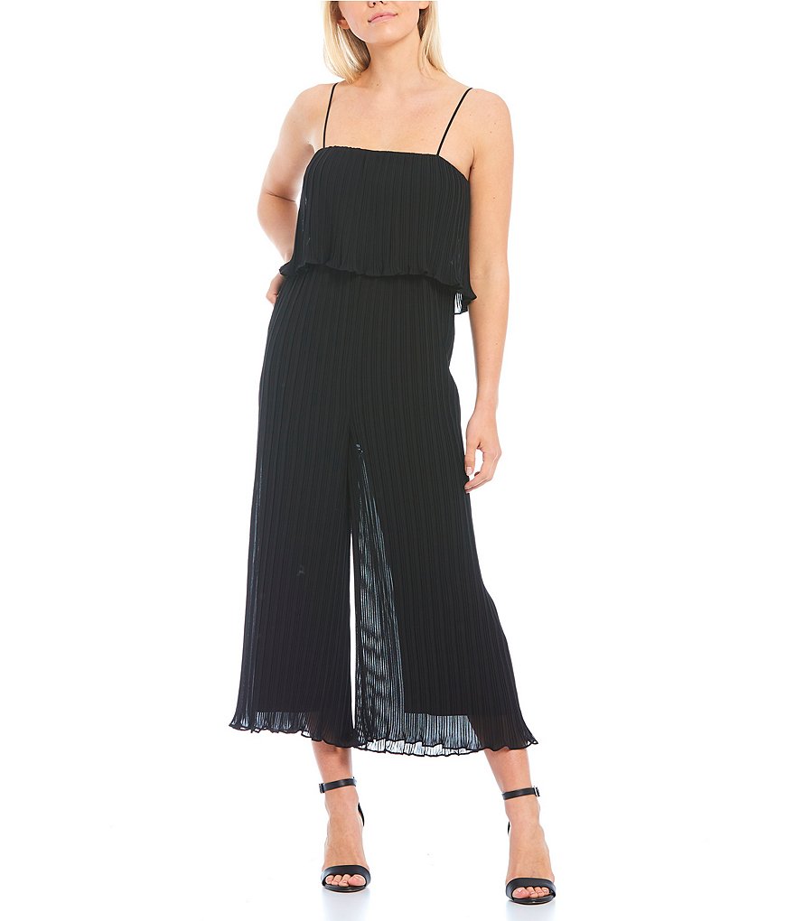 Gianni Bini Riley Micro-Pleat Spaghetti Strap Square Neck Sleeveless Wide Leg Cropped Jumpsuit