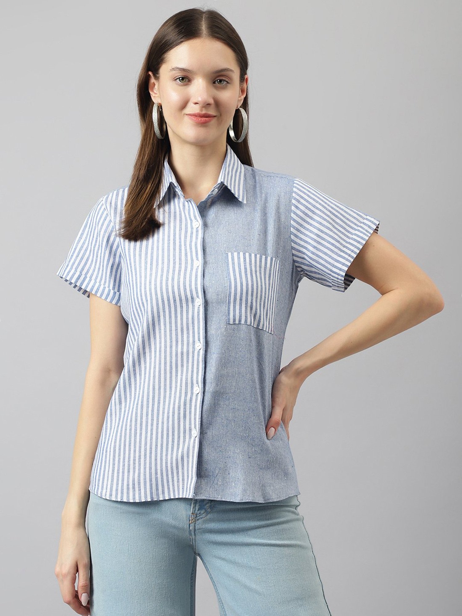 KERI PERRY Blue Cotton Striped Shirt