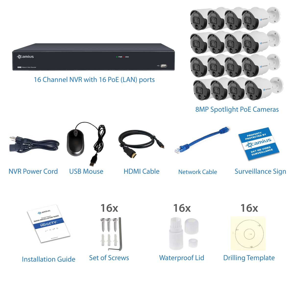 Camius 4K PoE 16CH NVR system with 3TB HDD, 16 pcs 8MP PoE Spotlight Security Cameras w/ built-in mic, 105 degrees view, PIR, Motion, Sound Detection, 2SATA, eSATA, 100ft night vision 16PN16S8R3T