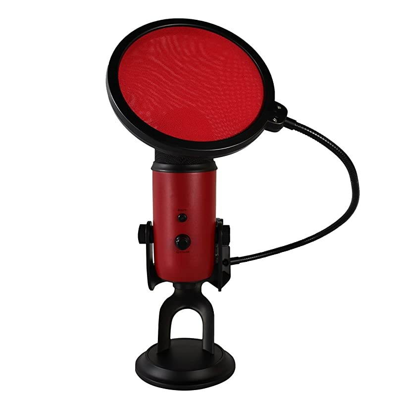 Microphone Pop Filter for Blue Yeti Dual Layer Studio Mic Wind Screen with Stand Clip and 360 Degree Gooseneck Arm Red