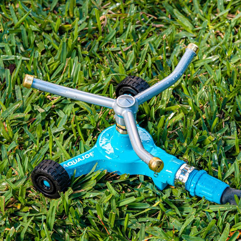 Aqua Joe AJ-TRSWB Indestructible 3-Arm Zinc Rotary 360 Degree Sprinkler | Wheeled Base | 1390 sq ft Max Coverage