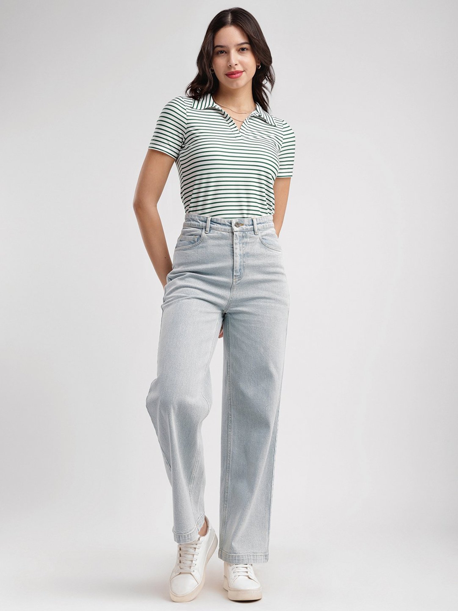 Fablestreet White & Green Cotton Striped T-Shirt