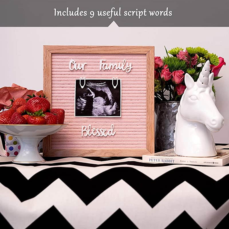 Felt Letter Board Set with 10 x 10 inch Oak Frame 374 Precut Letters and Emojis Cursive Words Wall Hook Perfect Message Sign for Girl Baby Shower Decorations