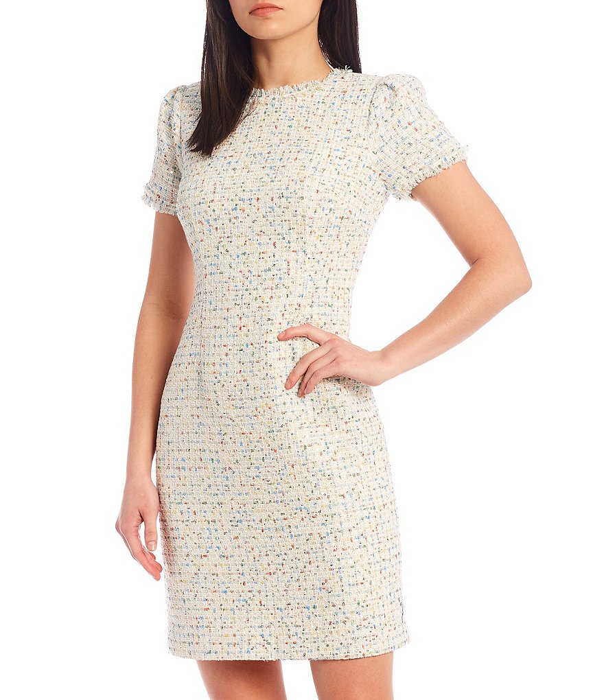 Alex Marie Petite Size Barrie Boucle Round Neck Short Sleeve Dress