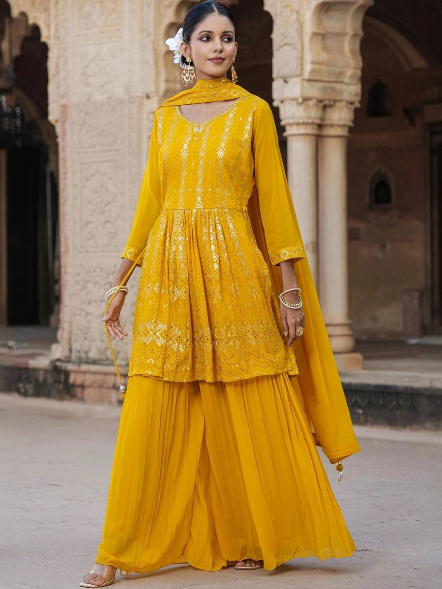 Scakhi Mustard Georgette Sequin Embroidered Suit Set Tunic With Palazzo And Dupatta