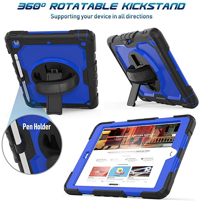 iPad 102 Case 2020 2019 iPad 8th 7th Generation Case with Pencil Holder 360&deg; Rotatable Stand with Hand Strap Shoulder Strap Builtin Screen Protector iPad 87 Generation CaseDark Blue