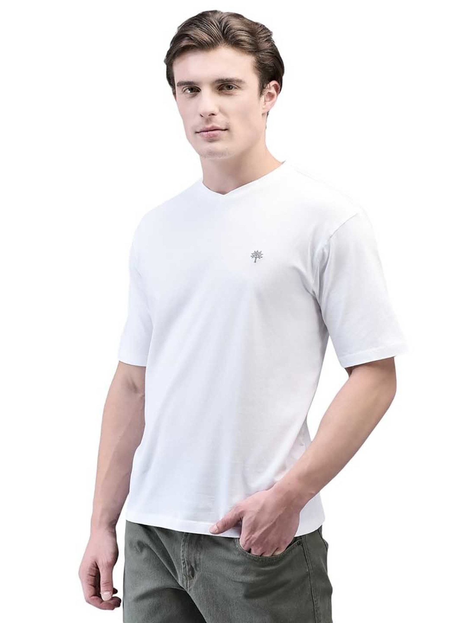 Woodland White Regular Fit V Neck T-Shirt