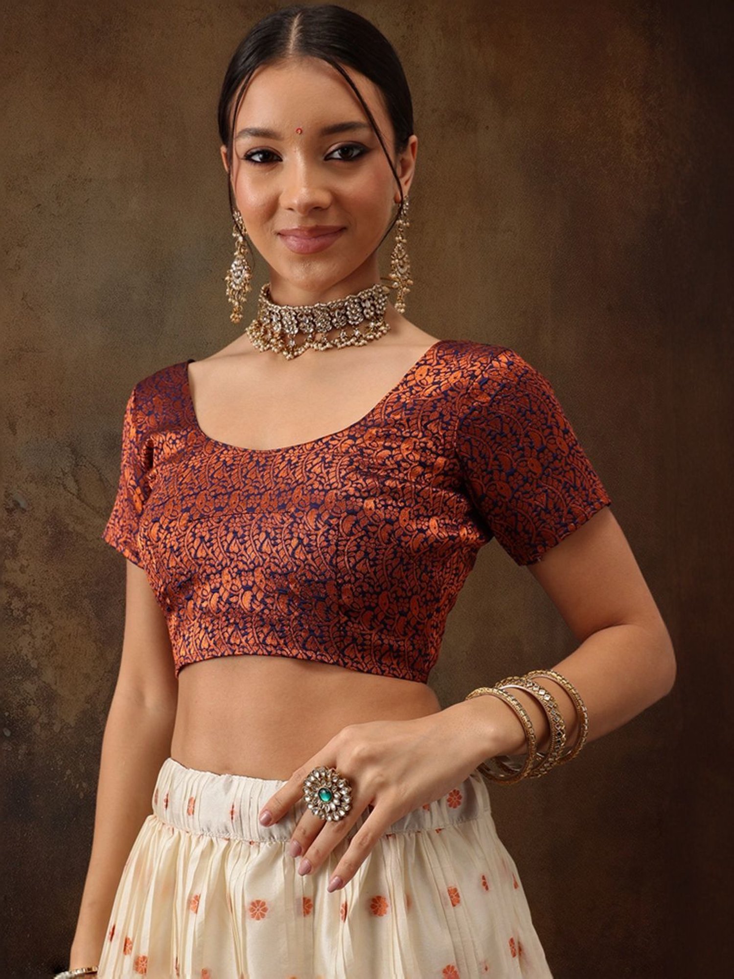 Silk Land Beige & Navy Woven Pattern Semi Stitched Lehenga Choli Set With Duppata