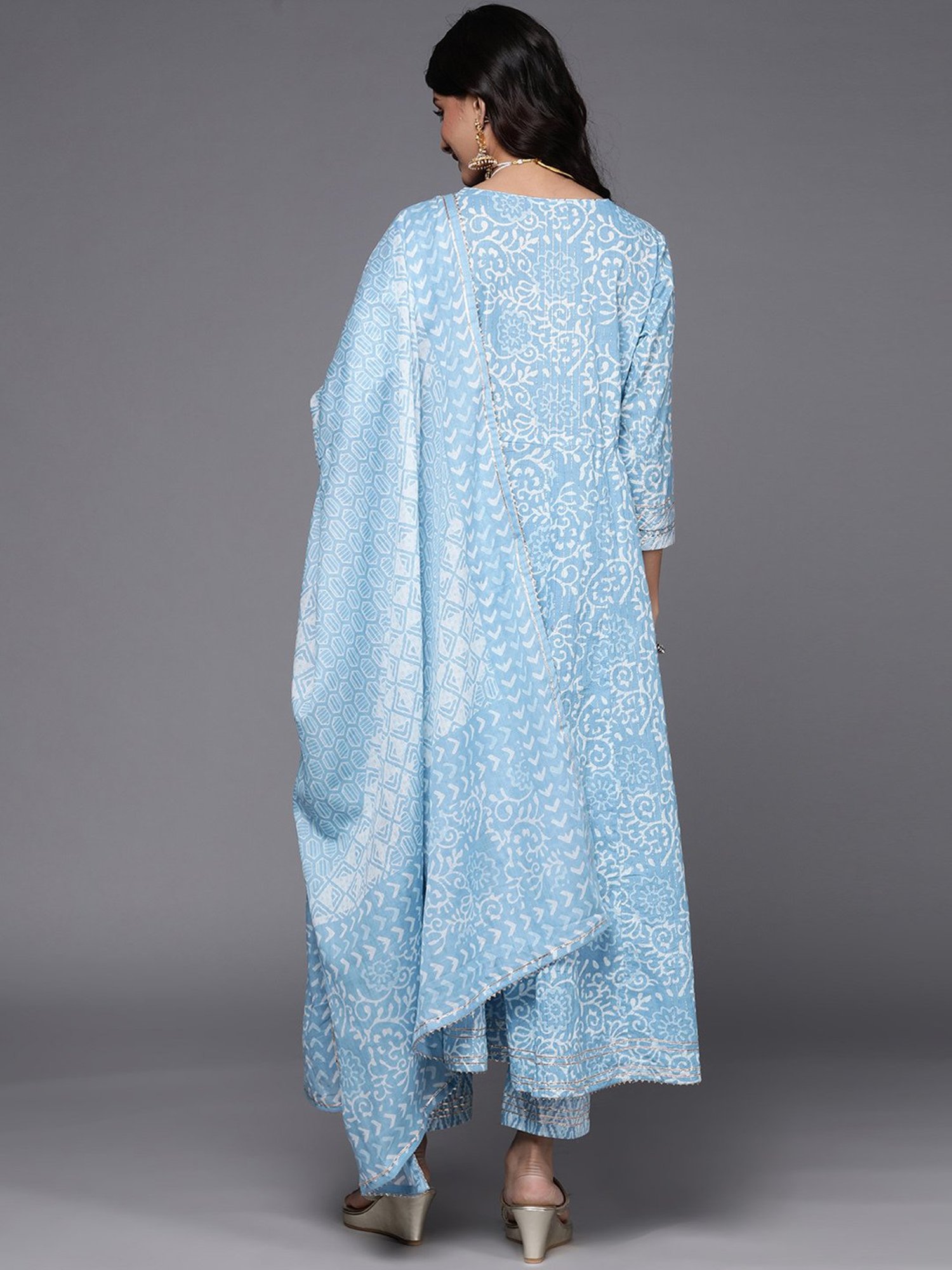 KSUT Blue Cotton Embroidered Kurta Palazzo Set With Dupatta
