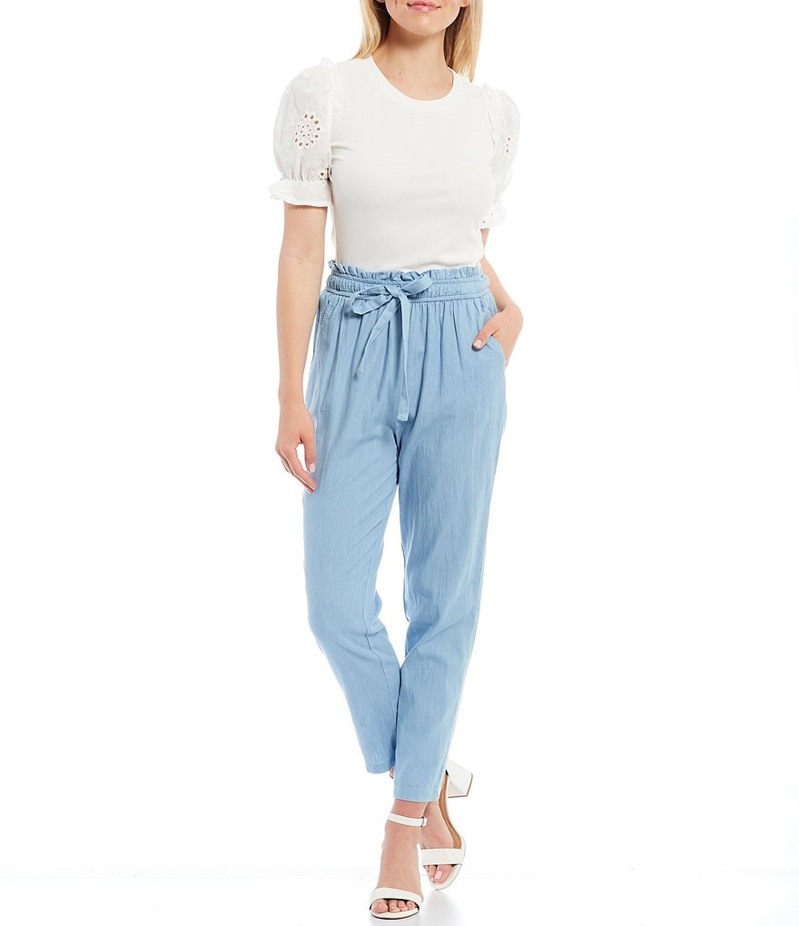 Sugarlips Drawstring Paperbag High-Waist Ankle Chambray Pants