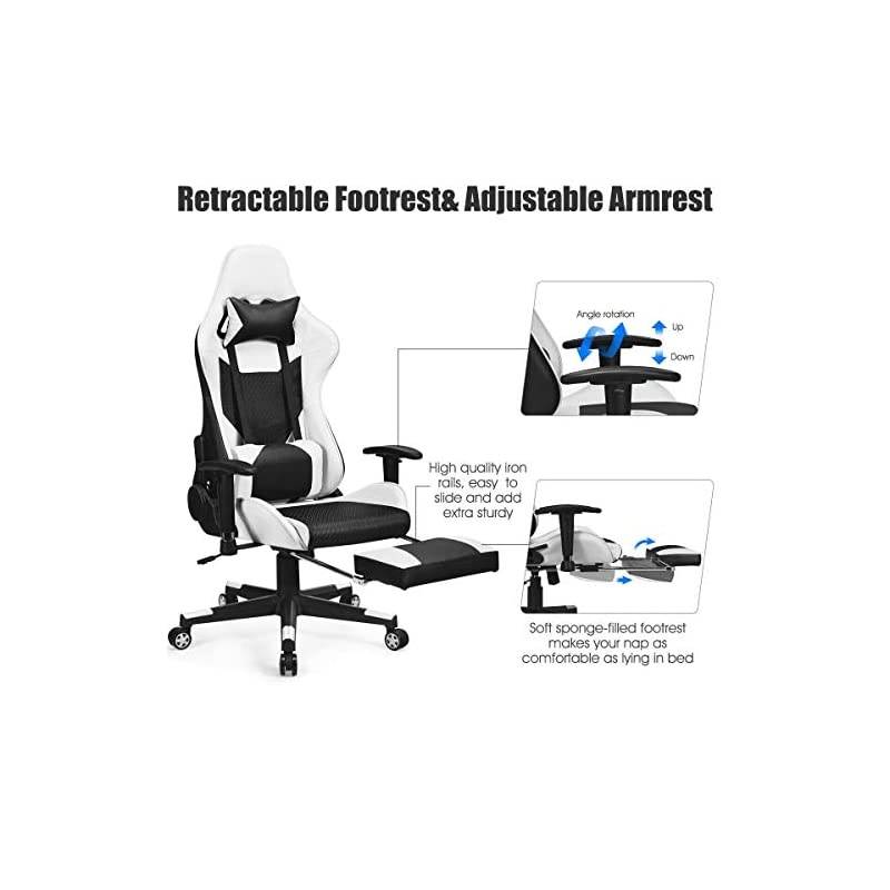 Massage Gaming Chair, Adjustable High Back with Health Massager Lumbar Support, Thick Memory Sponge with 360 Degree Revolving Chair Seat, Retractable Foot Shelf (White)