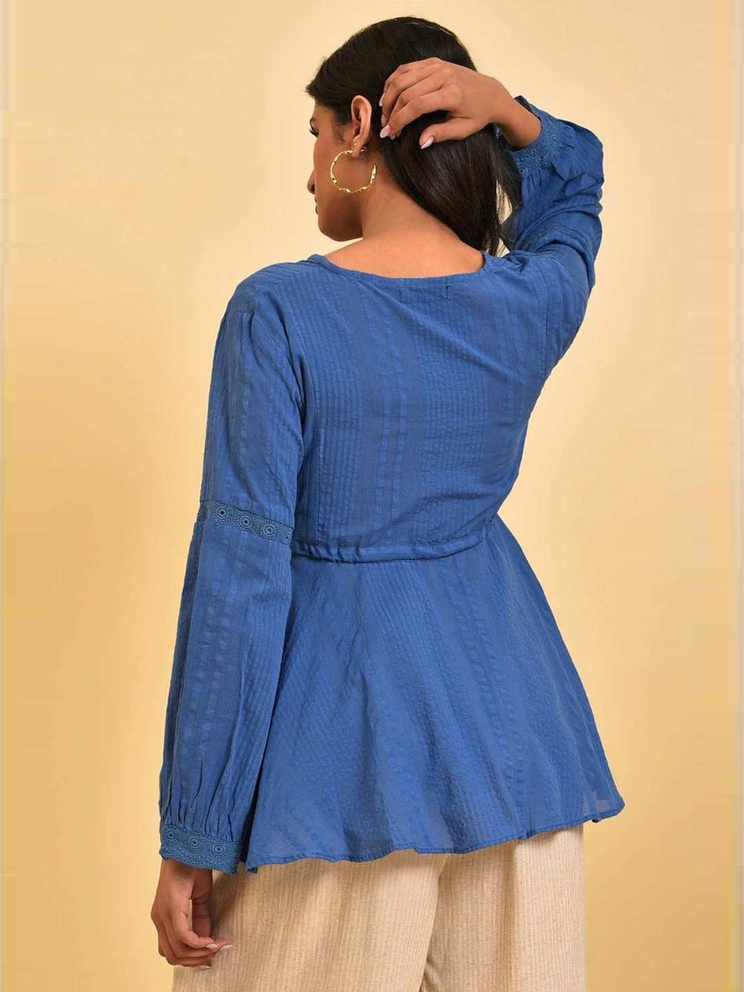 W Blue Cotton Self Pattern Top