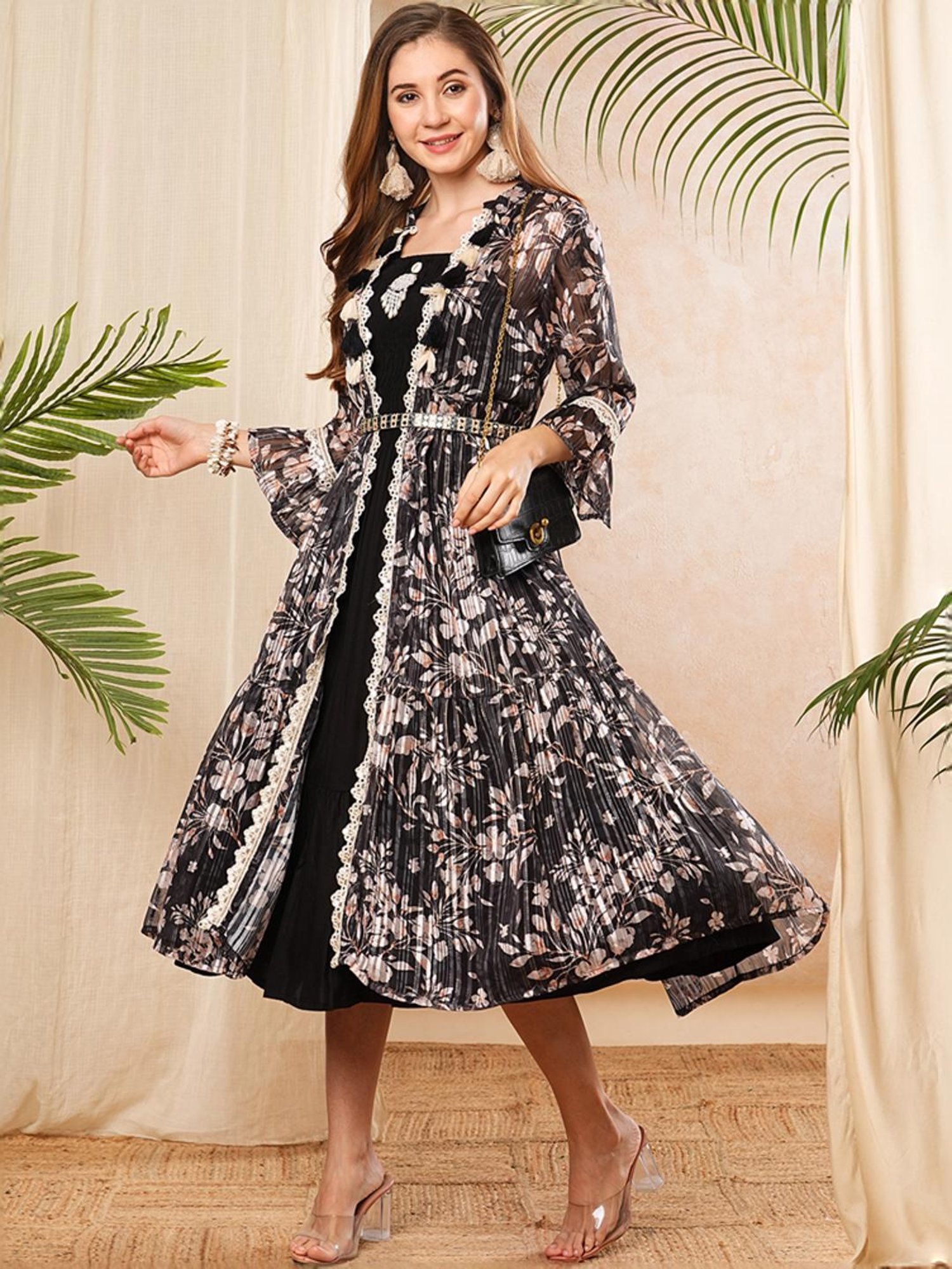 Fashor Black Printed A-Line Dress With Jacket