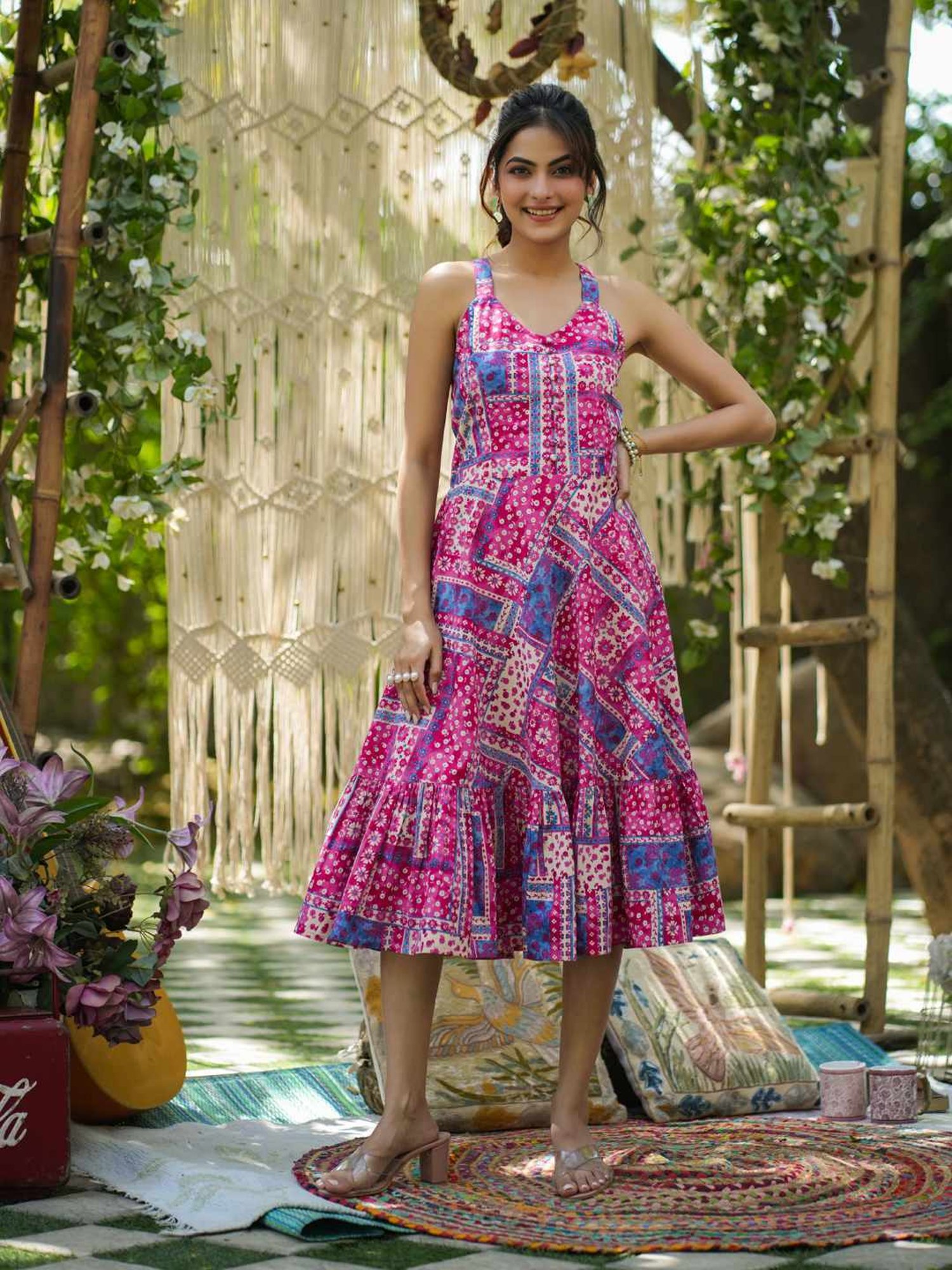 Rain and Rainbow Pink Cotton Printed A-Line Dress