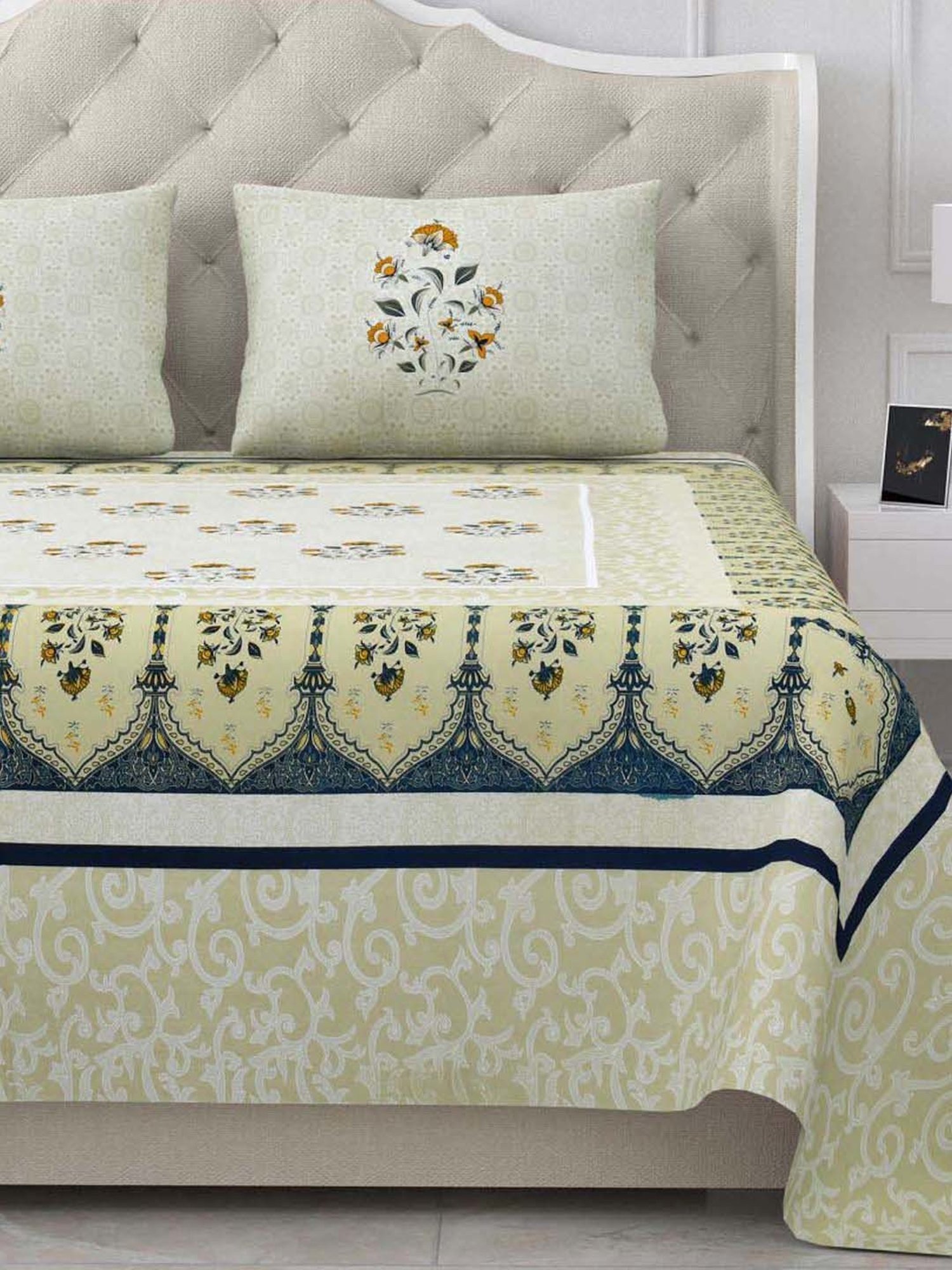 BELLA CASA Gulmohar Collection Yellow Cotton 450 TC King Bedsheet with 2 Pillow Covers