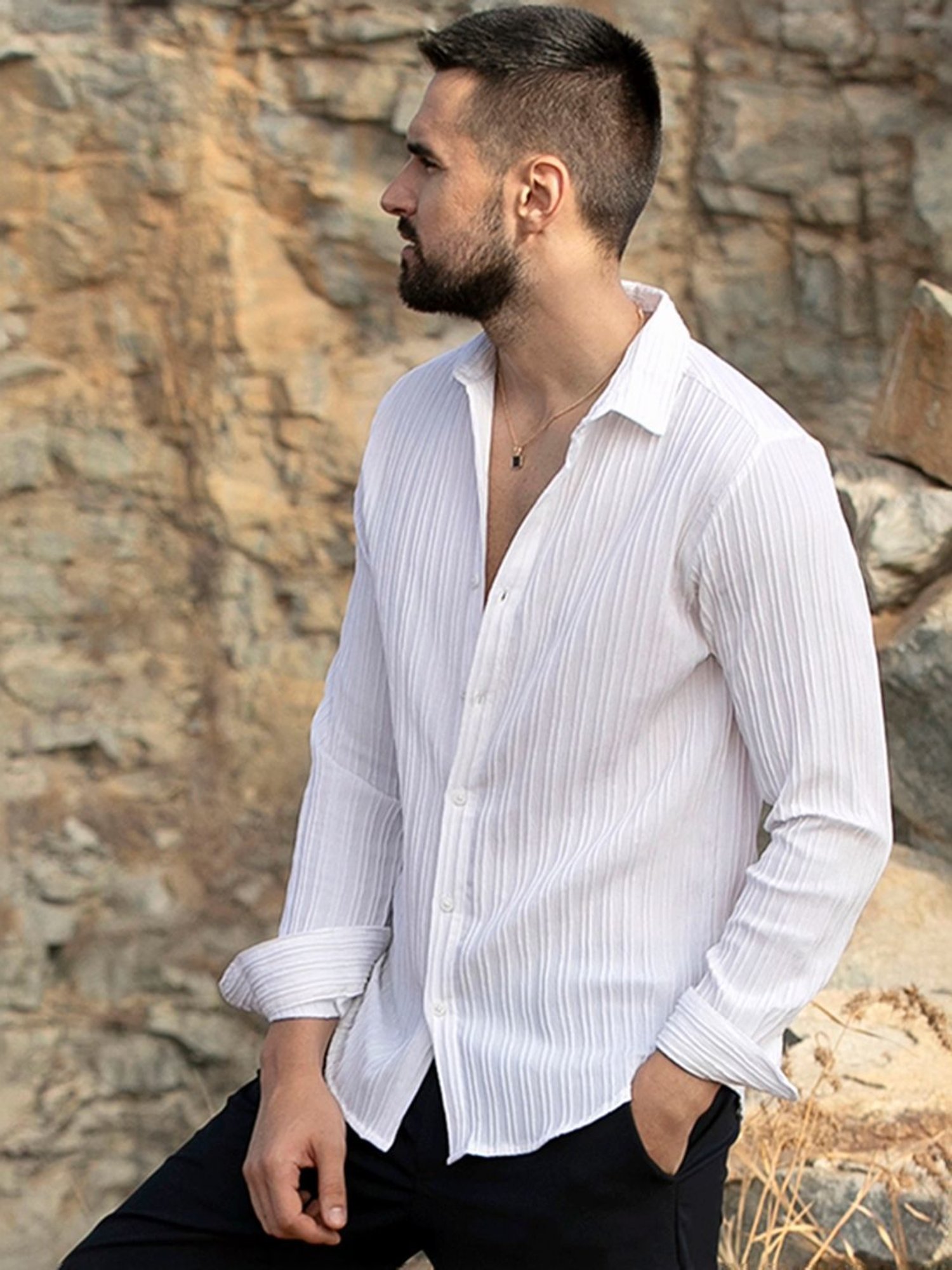 Campus Sutra White Regular Fit Self Pattern Shirt