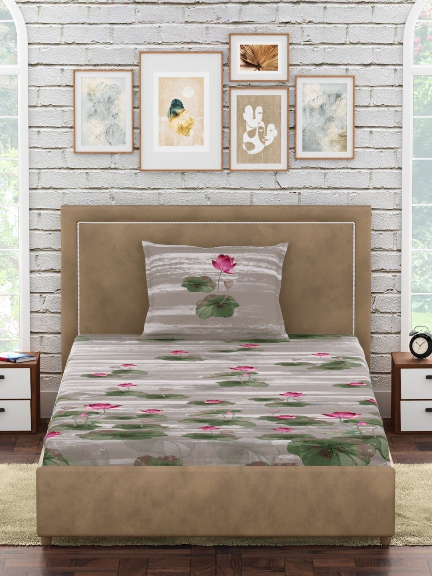 Petal Home Lotus Floral Beige 300 TC Cotton Single Bed Sheet with 1 Pillow Cover