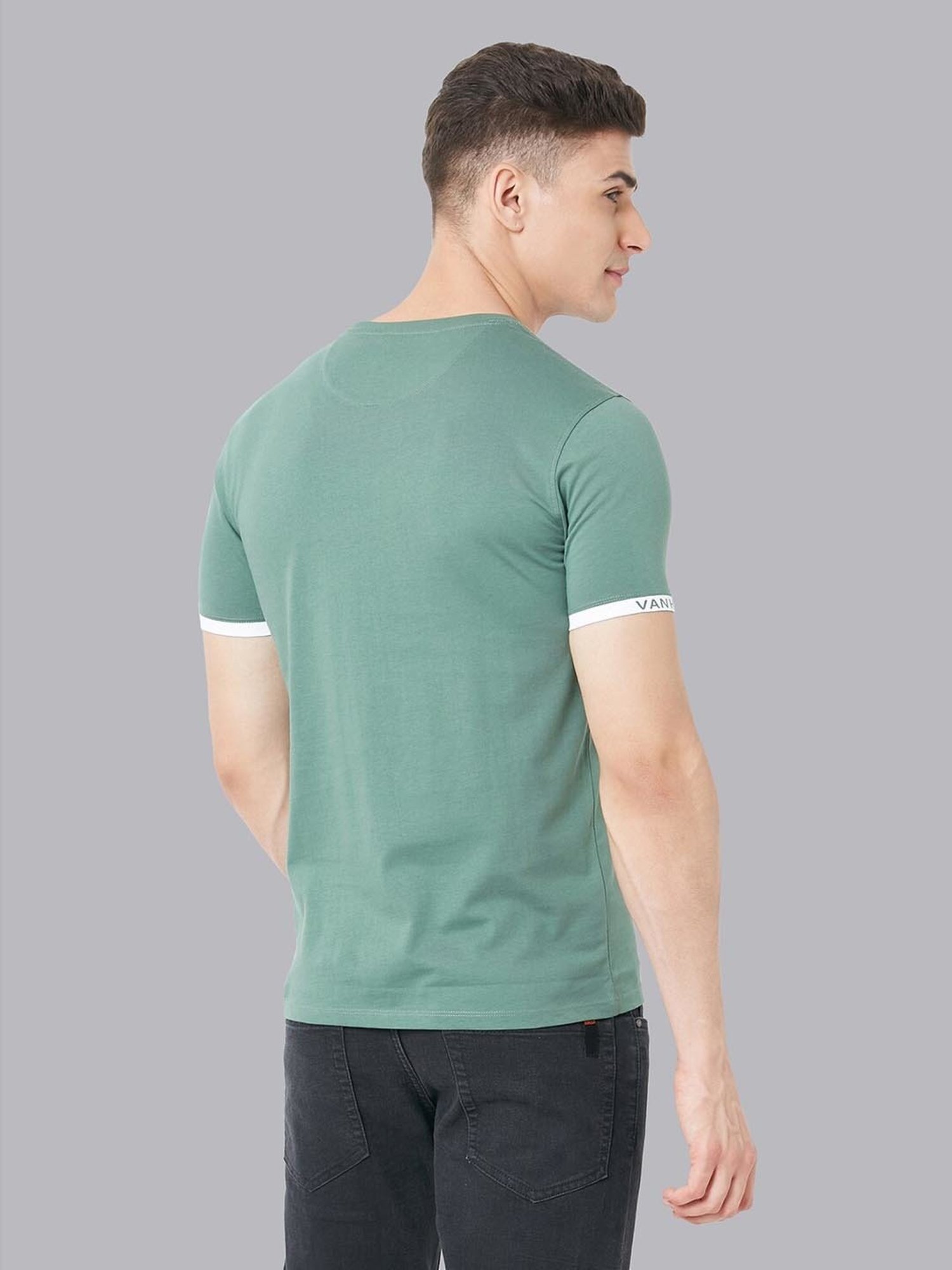 V Dot Green Cotton Slim Fit Printed T-Shirt