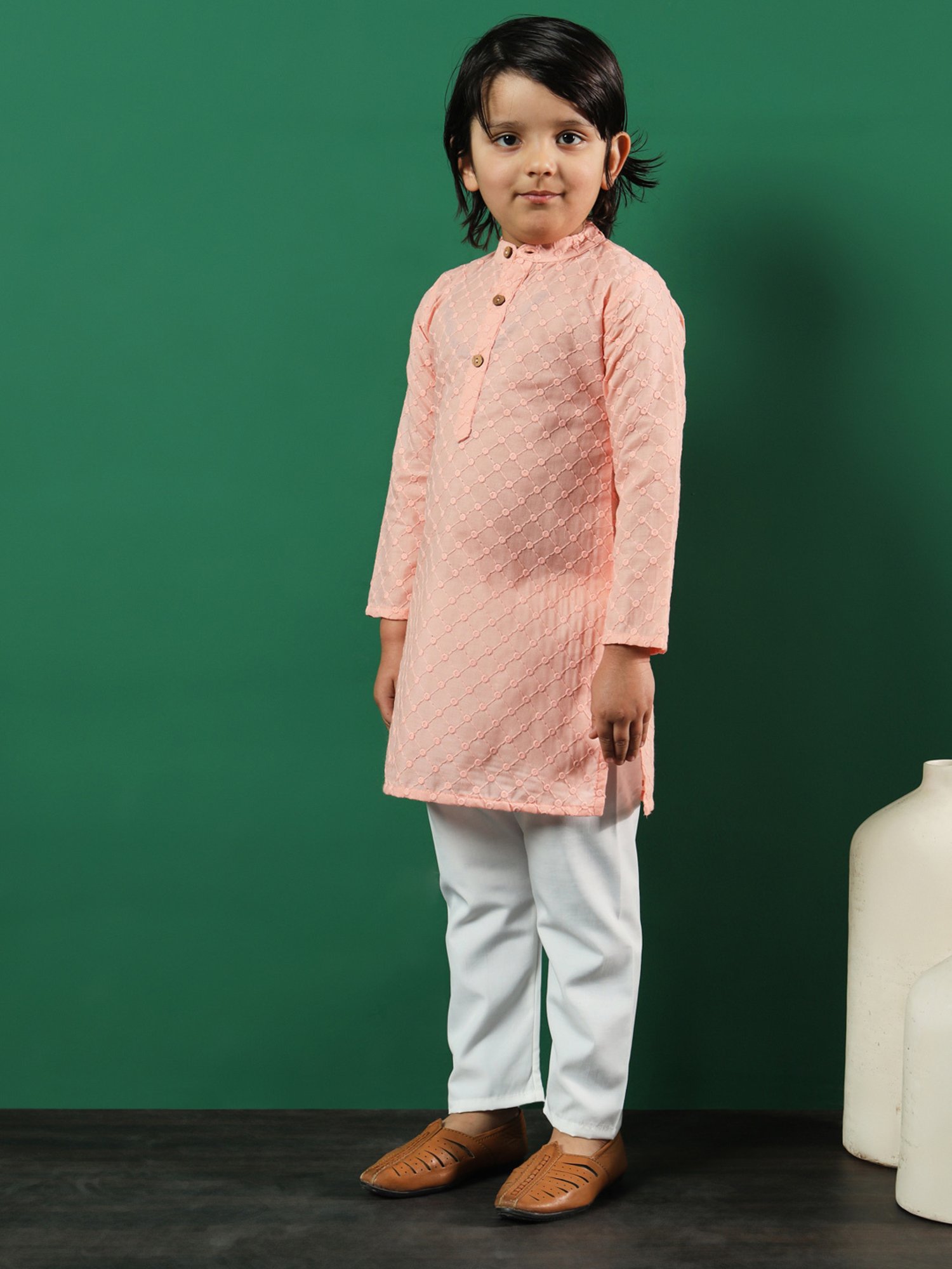 READIPRINT FASHIONS Kids Peach & White Embroidered Full Sleeves Kurta with Pyjamas
