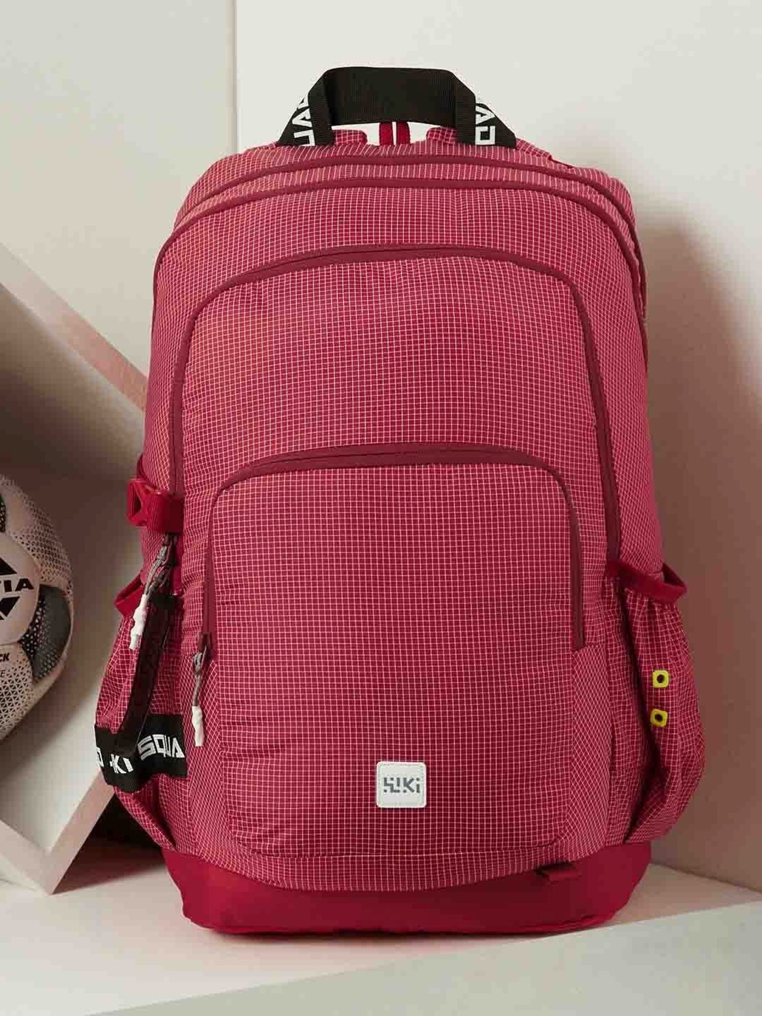 Wiki Back to School Squad 4 Red Polyester Checks Backpack - 40 Ltrs