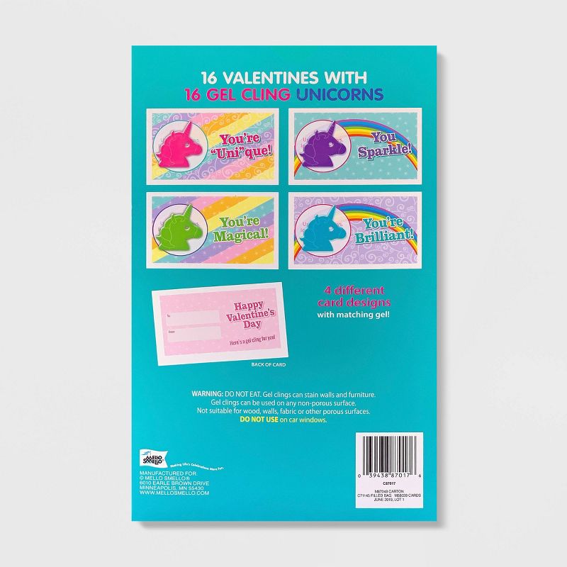 16ct Unicorn Valentines With Gel Clings - Mello Smello