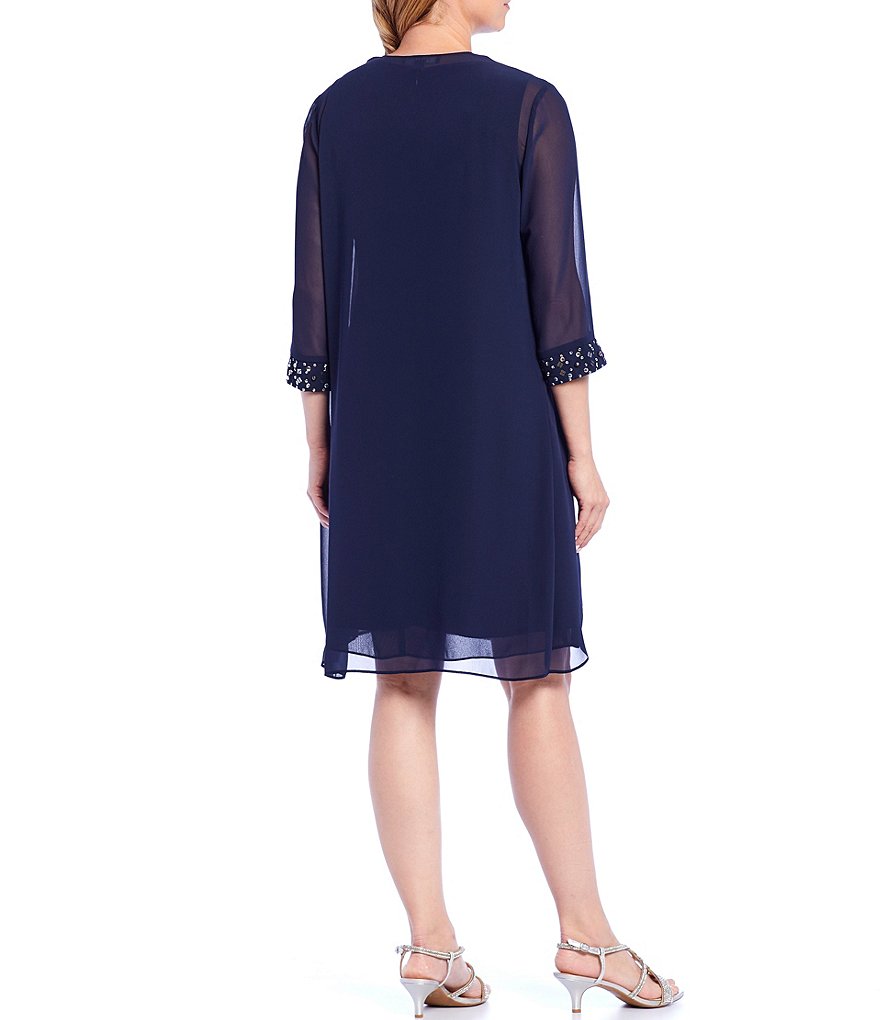 Kay Unger Long Bishop Sleeve V-Neck Crepe A-Line Dress