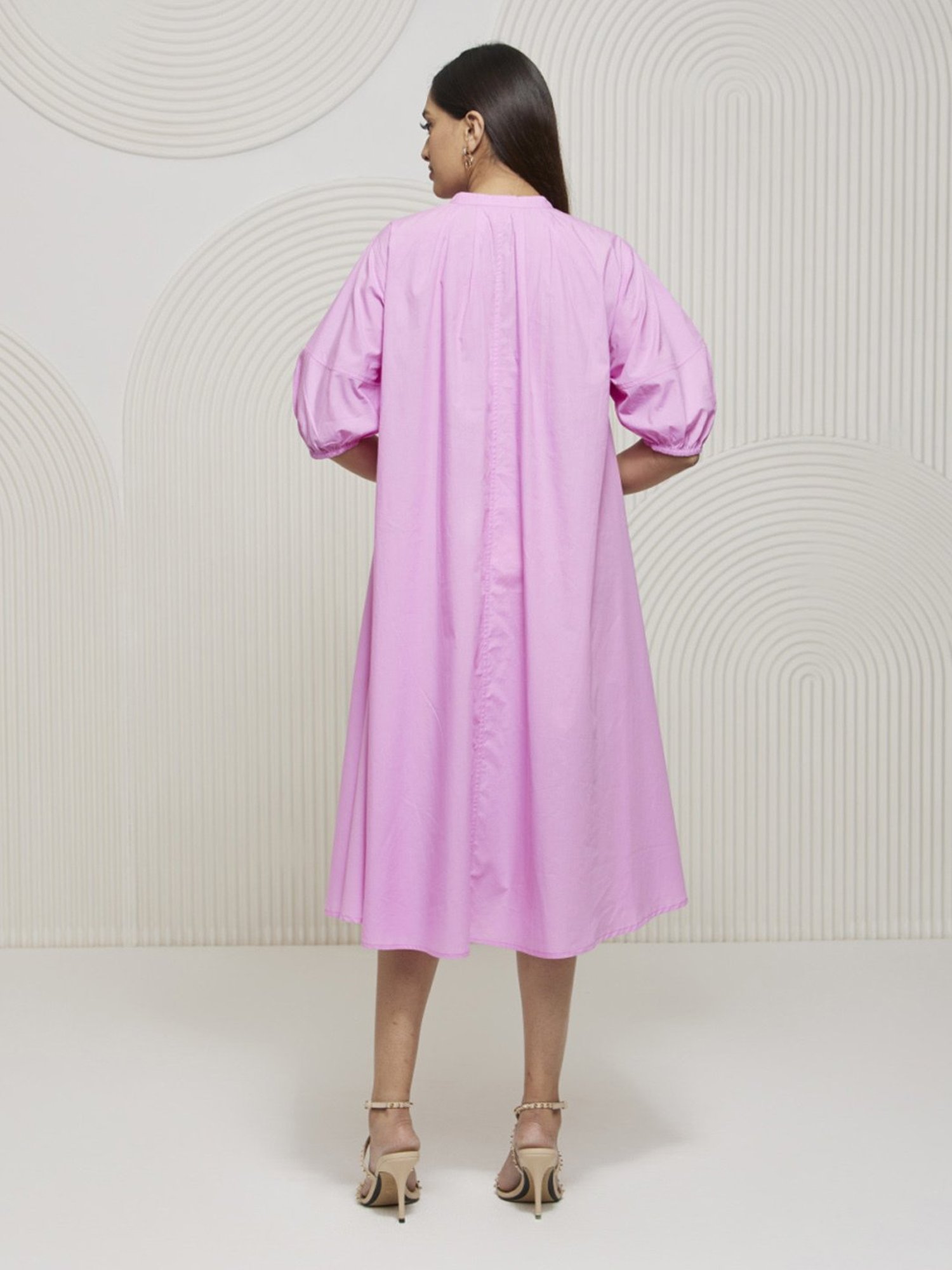 Artagai Mauve Rose Flared Calf Length Dress with Balloon Sleeves