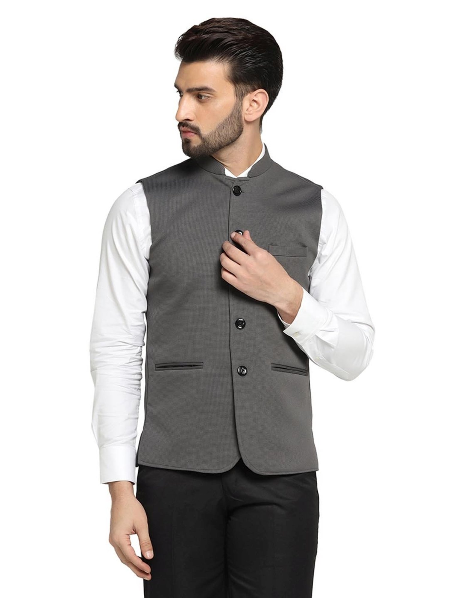 TAHVO Grey Satin Slim Fit Self Pattern Nehru Jacket