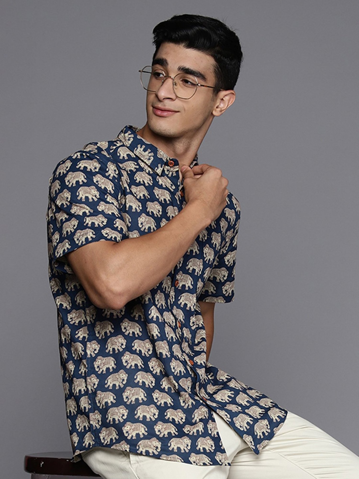 Indo Era Navy Regular Fit Printed Ethnic Shirt