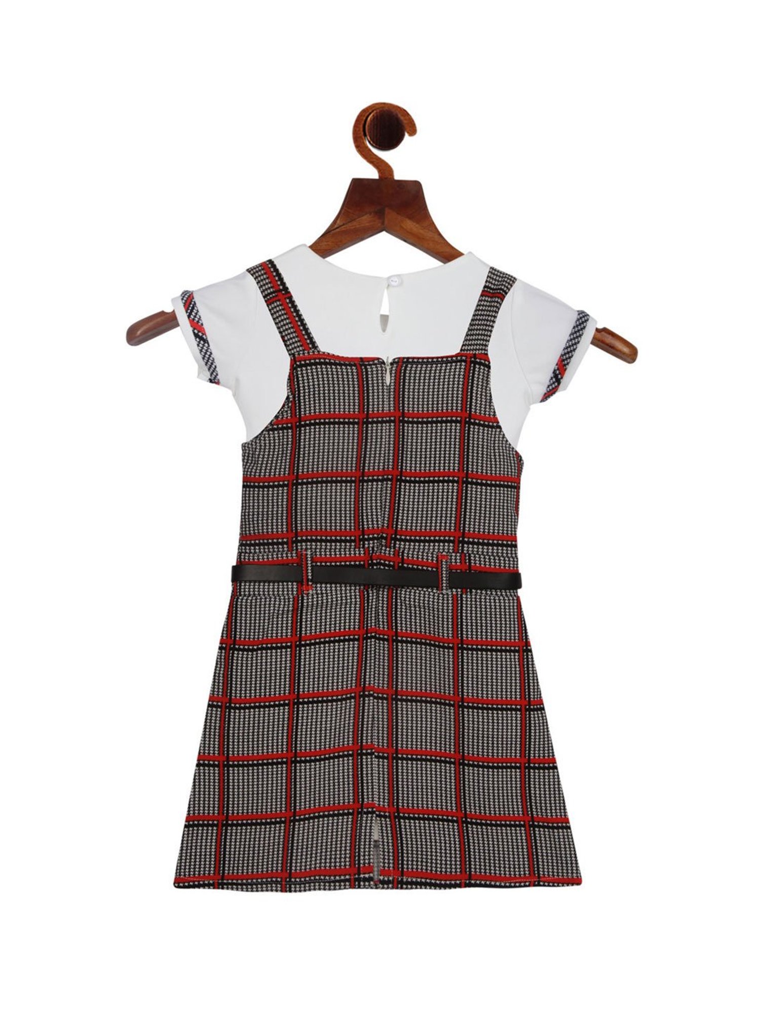 Tiny Girl Kids Multicolor Checks Pinafore Dress, T-Shirt And Belt
