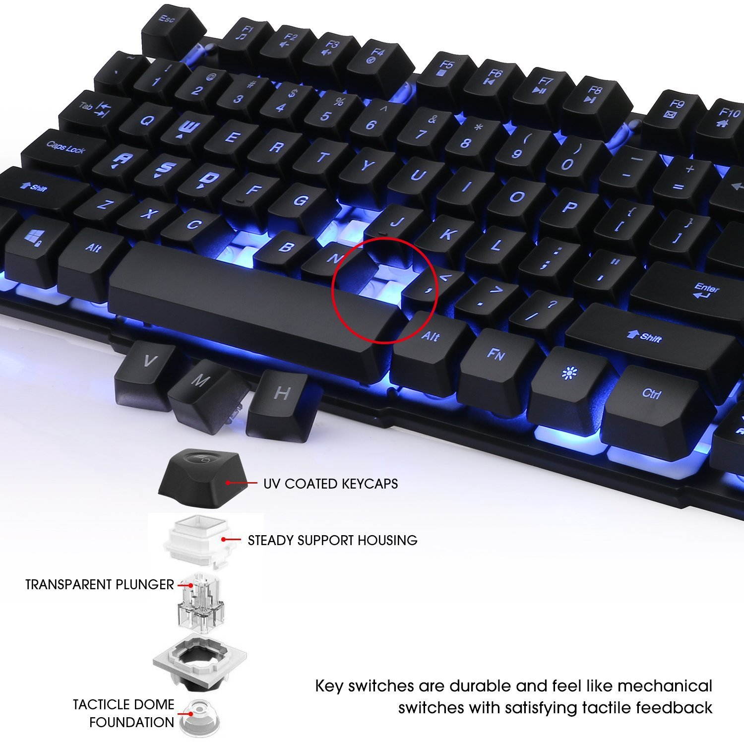 Bailink Dbpowe 104-key Gaming Keyboard, Three Colors Backlit LED Keyboard for Gaming, Office, 19 Non-Conflict Keys ,waterproof and splashproof, Removable Keycaps, Strengthened Space Key