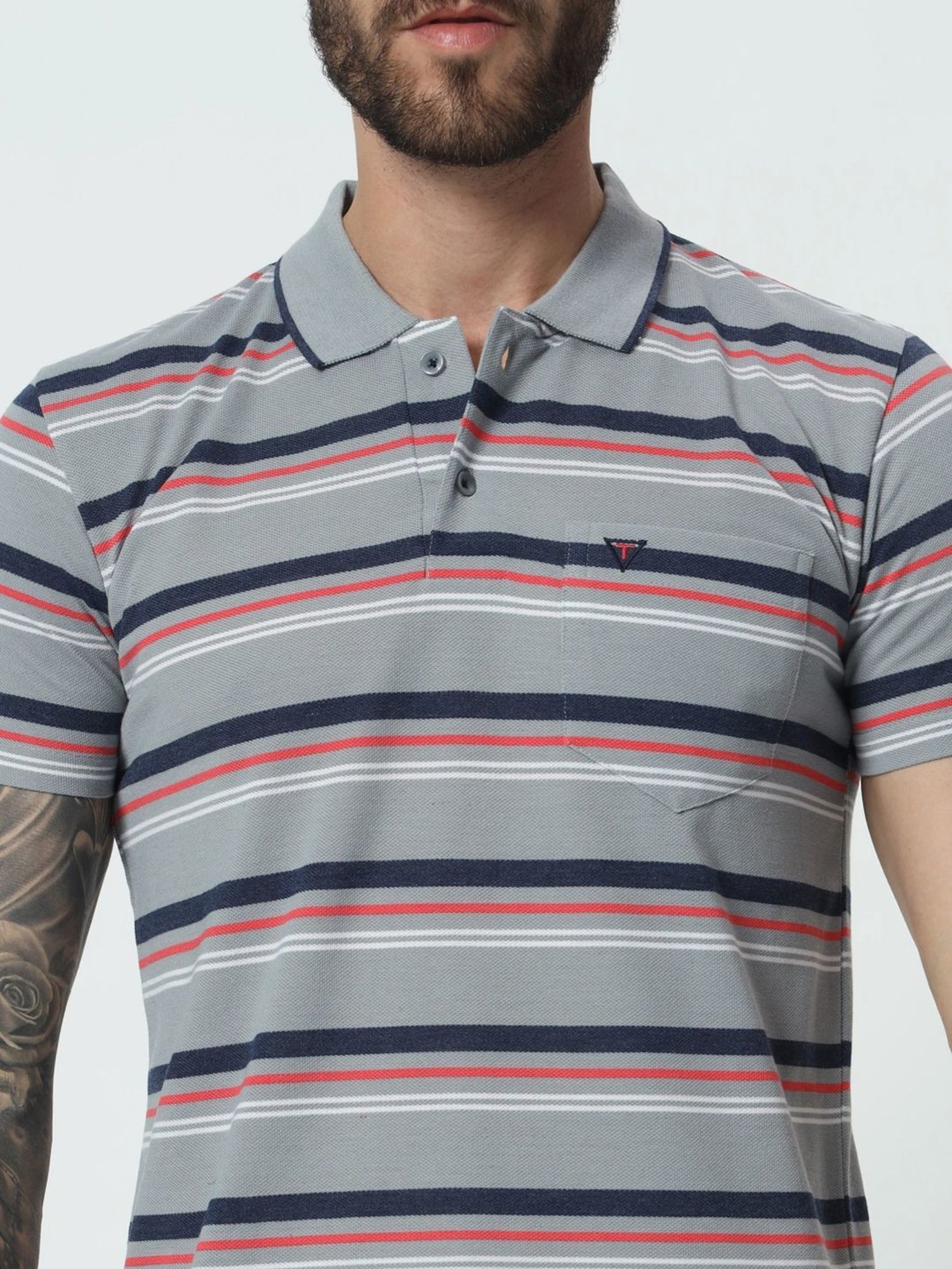 Tab91 Grey Regular Fit Striped Polo T-Shirts