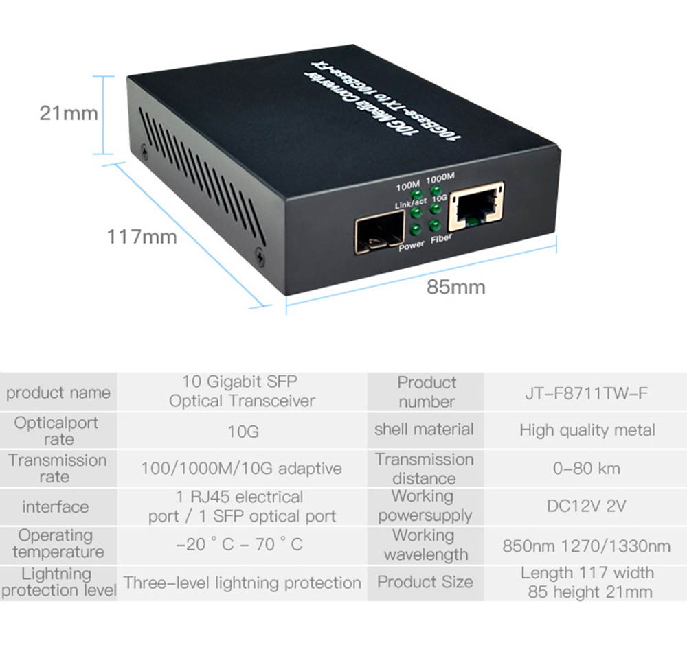 10 Gigabit Enhanced SFP Gigabit Optical Fiber Transceiver SEP to RJ45 Media Converter