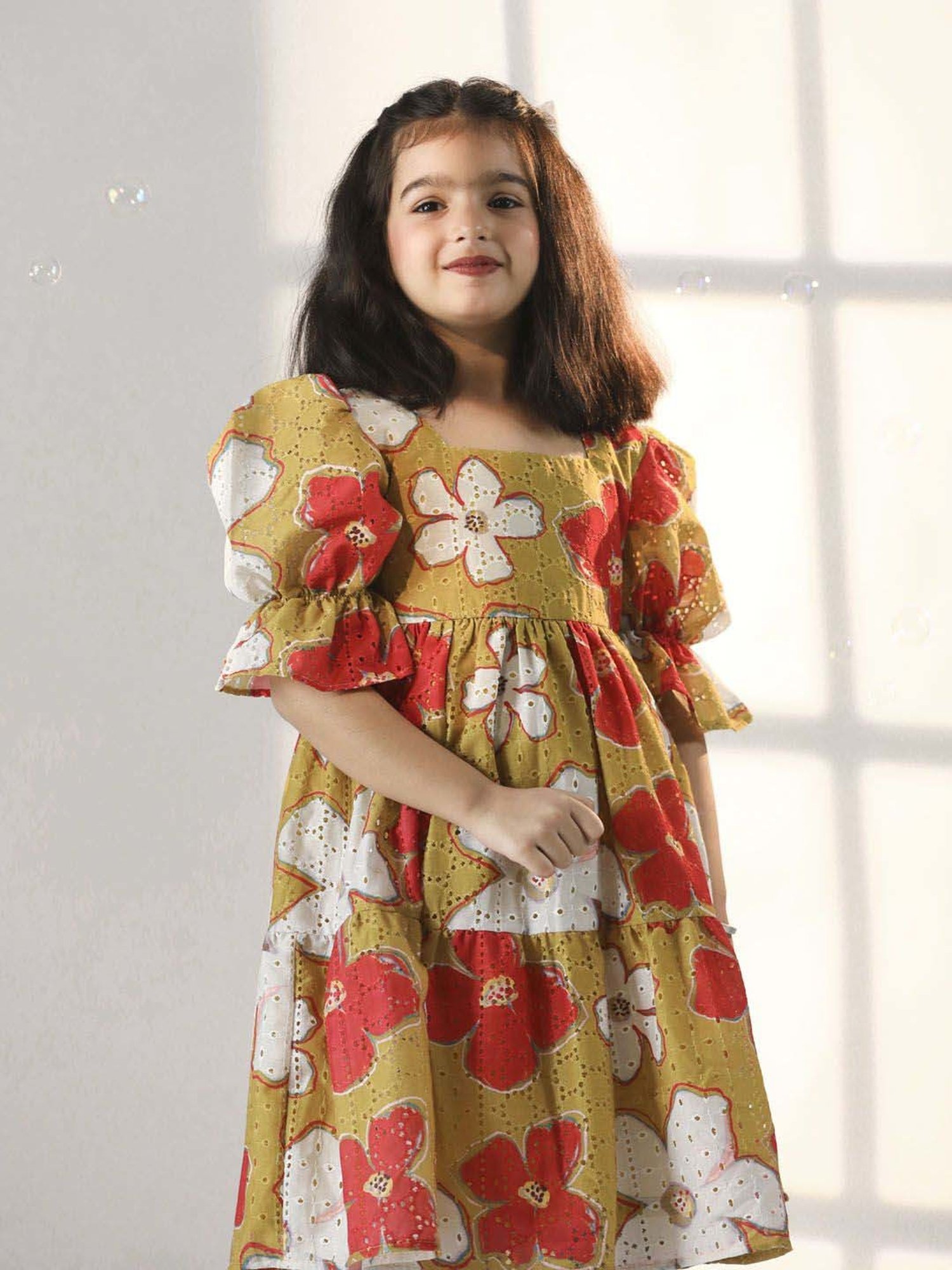 VASTRAMAY Girls Mustard & Red Floral Dresses