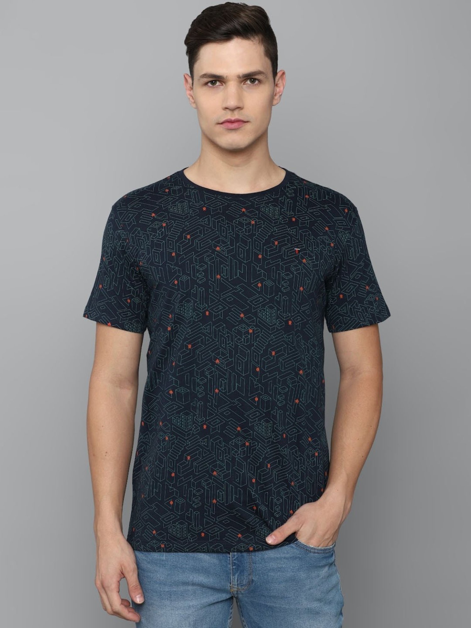 Louis Philippe Jeans Navy Cotton Slim Fit Printed T-Shirt