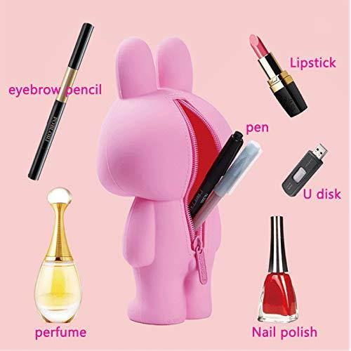 Pencil Case 3D Silicone Cartoon Storage Box Cute with Back Zipper Portable Hand-held Wallet Stationery Box Cosmetic Bag (Pink)