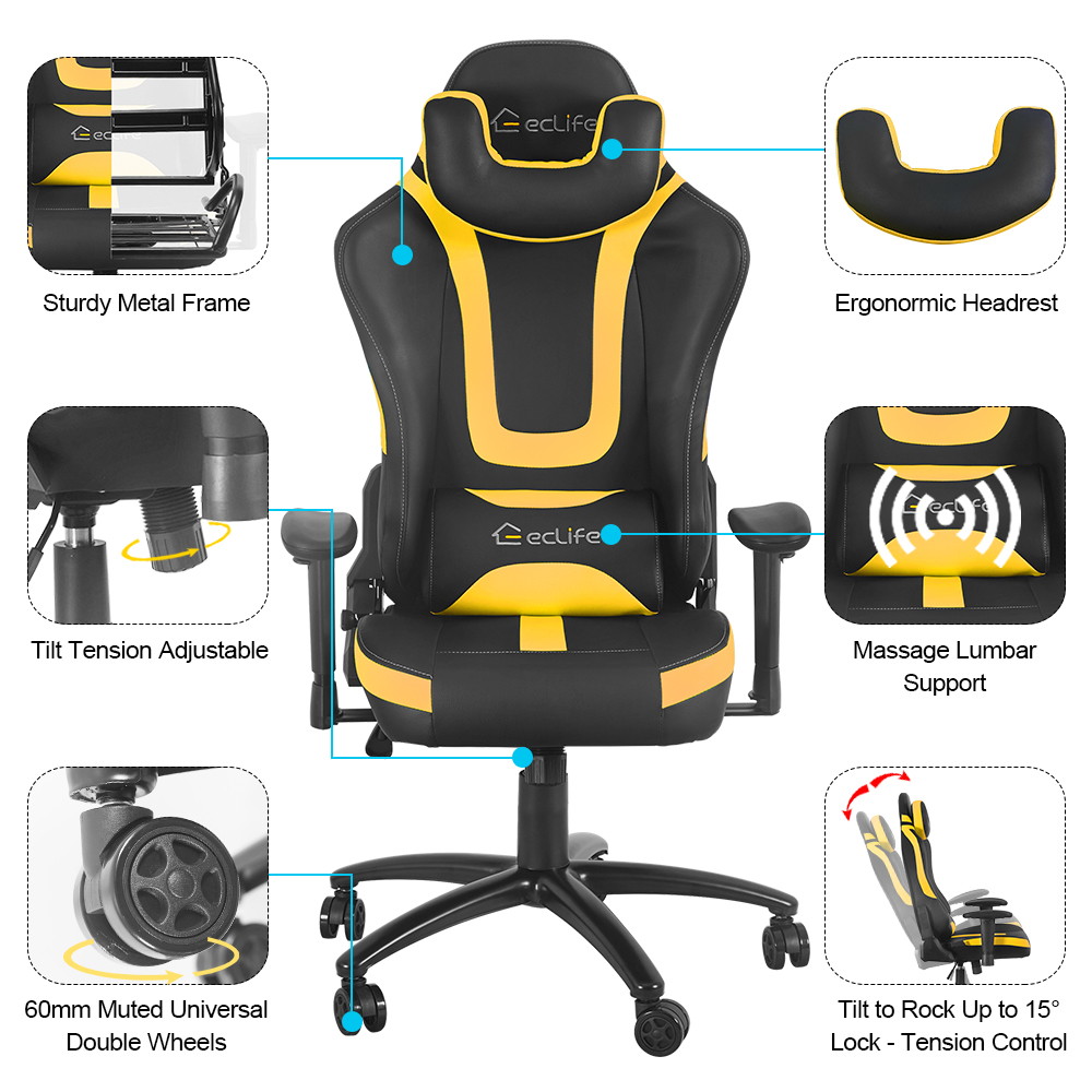Eclife Ergonomic Video Game Chair PU Leather Computer Recliner Office Chair with Massage Lumbar Support and Removable Headrest Gaming Chair