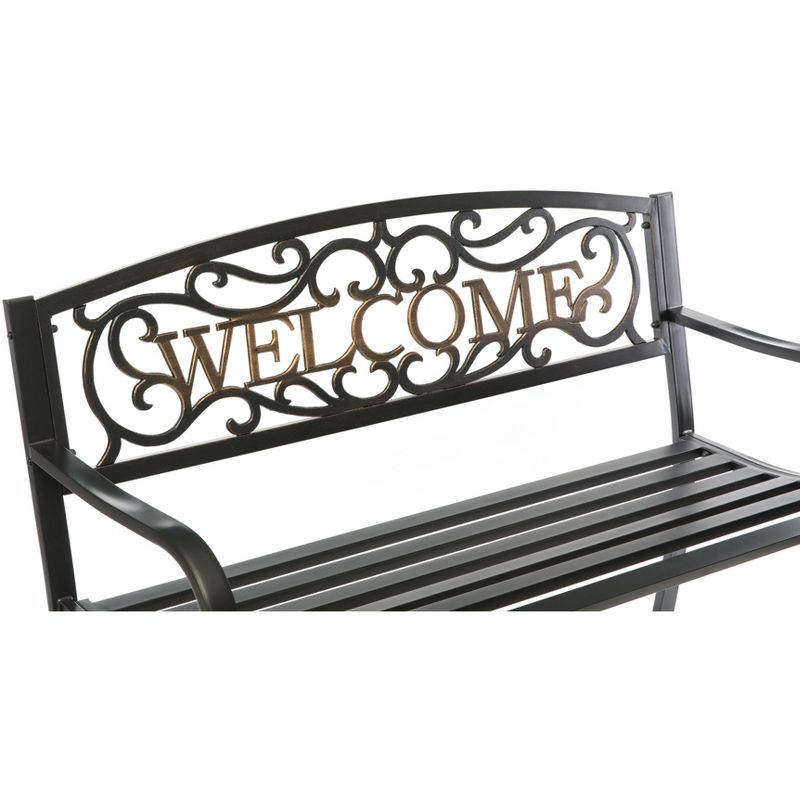 Gardenised Steel Outdoor Patio Garden Park Bench with Cast Iron "Welcome" Backrest