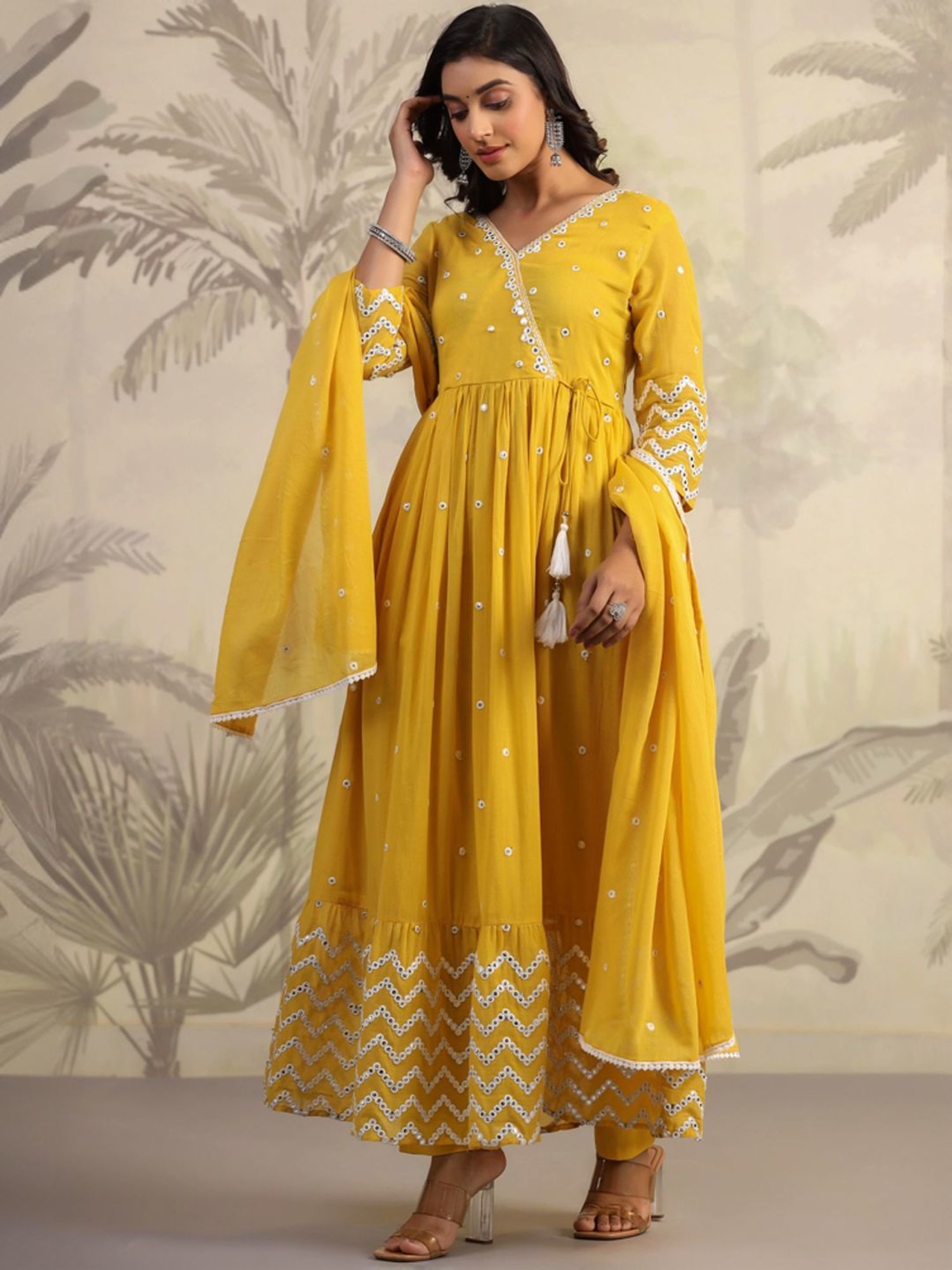 SCAKHI Yellow Cotton Embroidered Kurta Pant Set With Dupatta