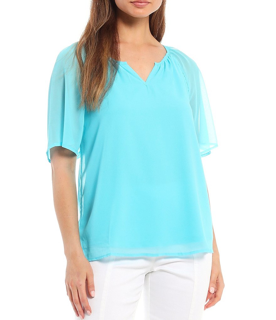 Intro Solid Georgette Notch V-Neck Raglan Sleeve Lace Trim Top